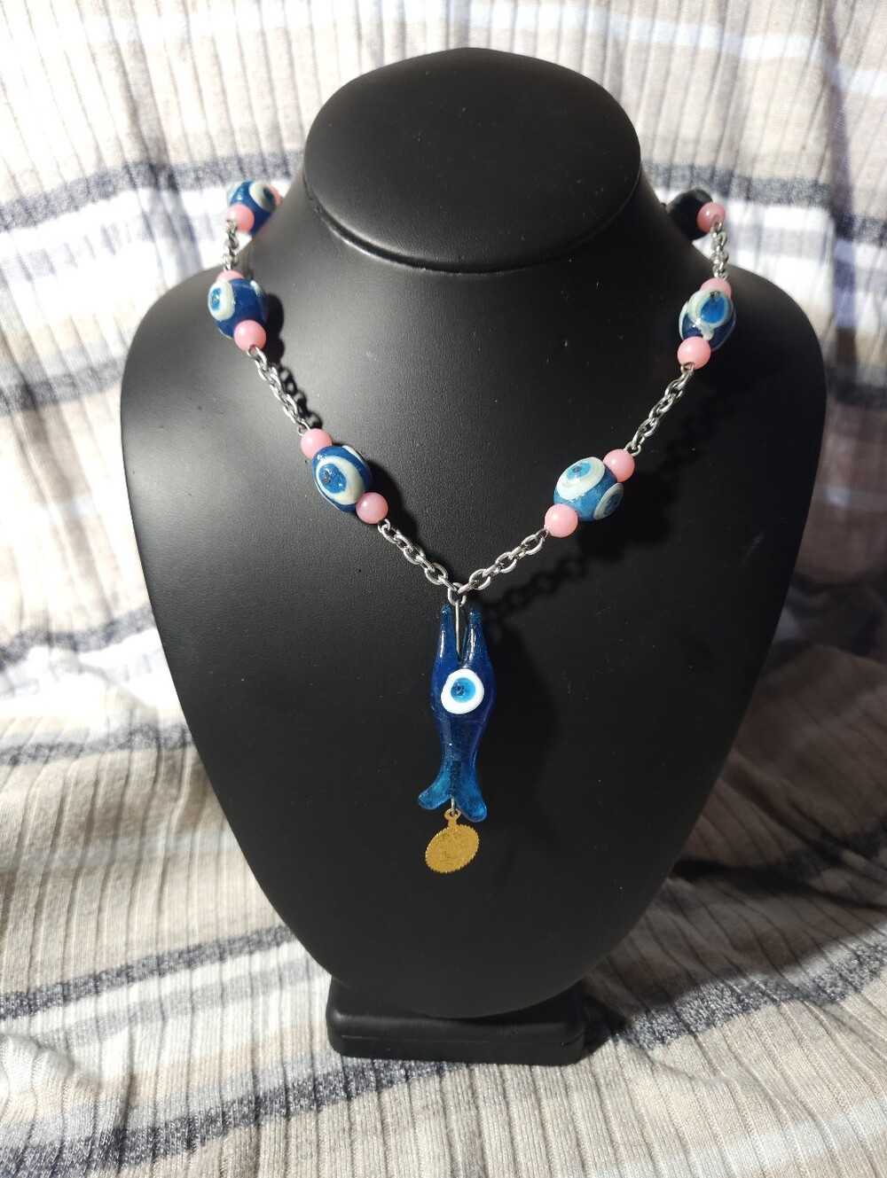 Vintage Murano Blue Pink Silver Warding Evil Eye Long Fish Necklace